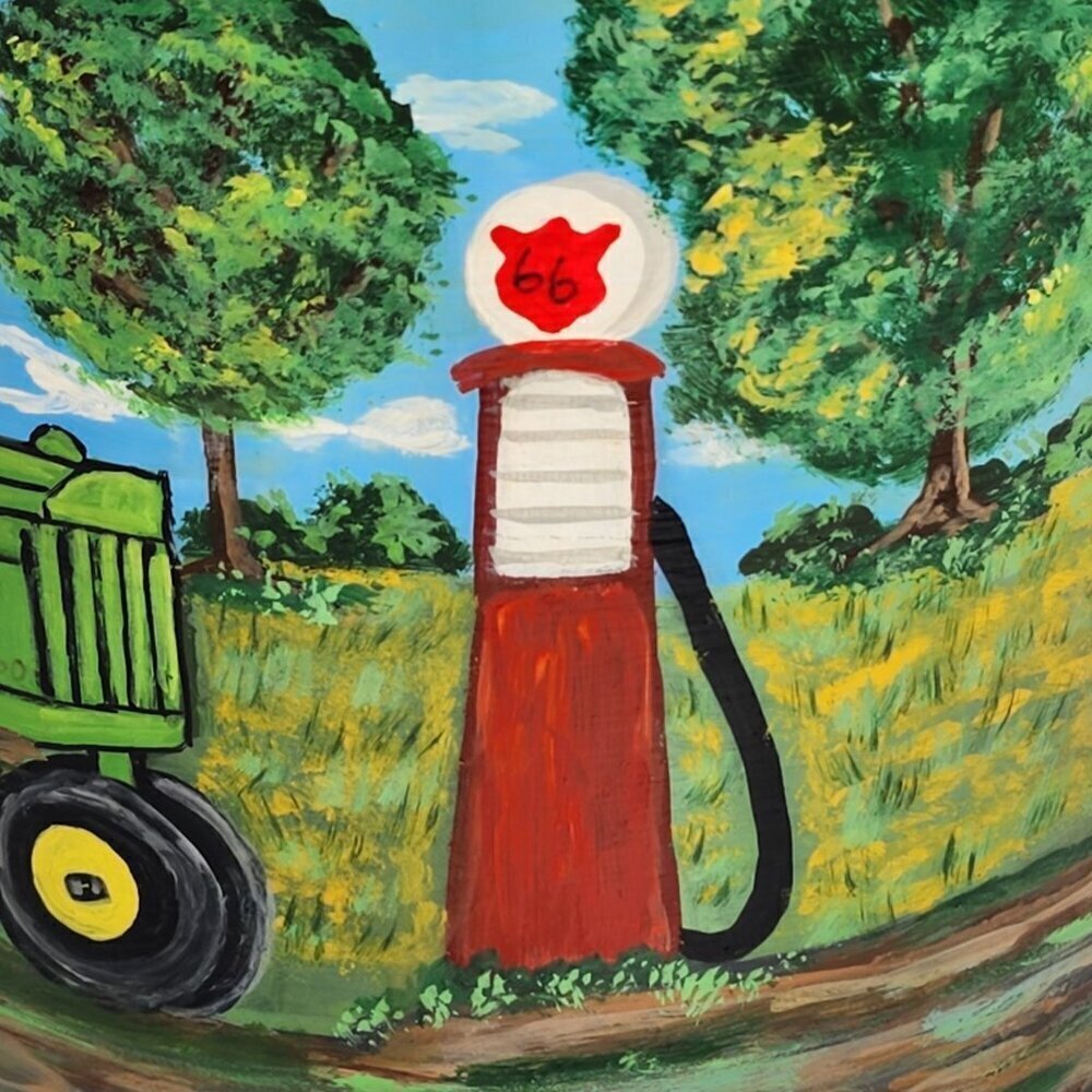 Hand Painted Vintage Metal Oil Can Farm Scene John Deere Tractor Route 66 Art - Picture 8 of 12